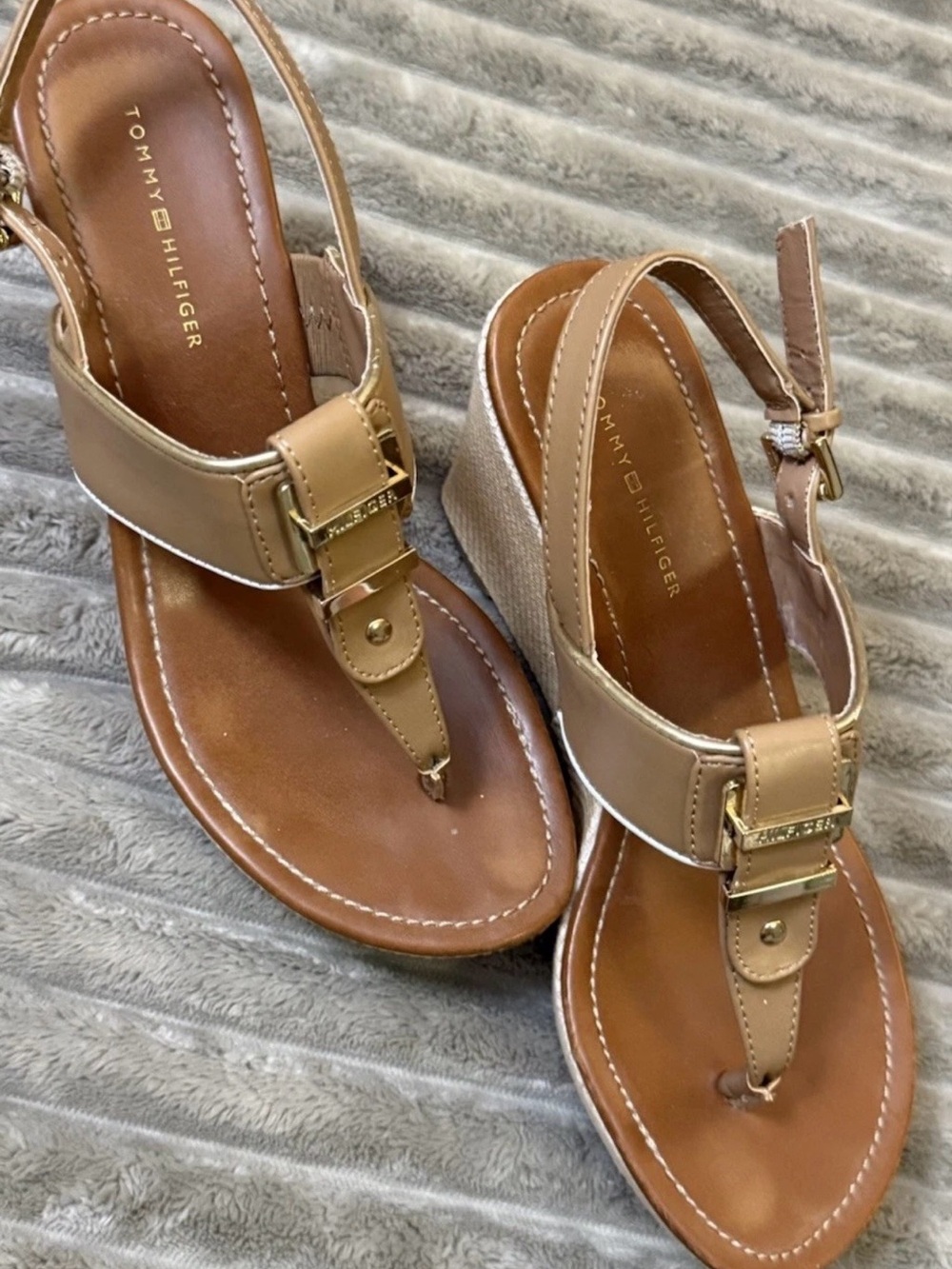 Tommy Hilfiger Beige/Tan Leather Wedge Sandals
